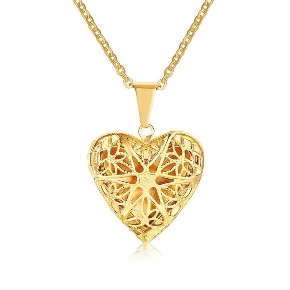 Heart Locket Necklace Gold Tone Stainless Steel Filigree Pendant Jewelry